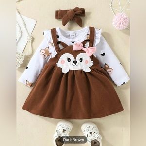 New Baby Girl Fox Pattern Long-sleeved Suspender Skirt And Hairband 3pcs Set